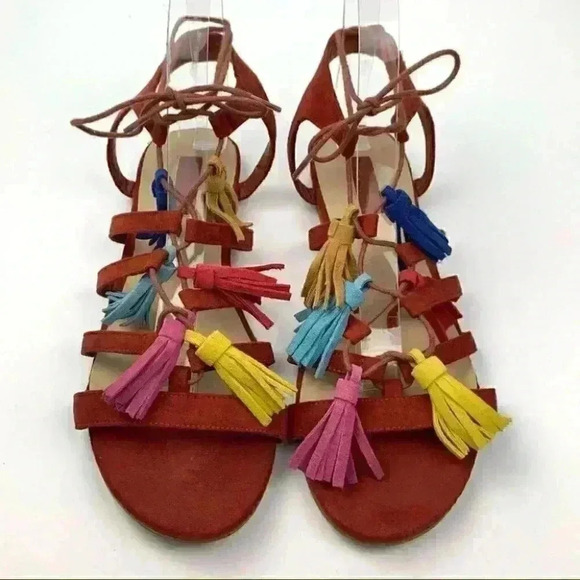 Forever 21 sandals size 8 39 burnt Orange faux suede tassel pom poms gladiator - Picture 13 of 13